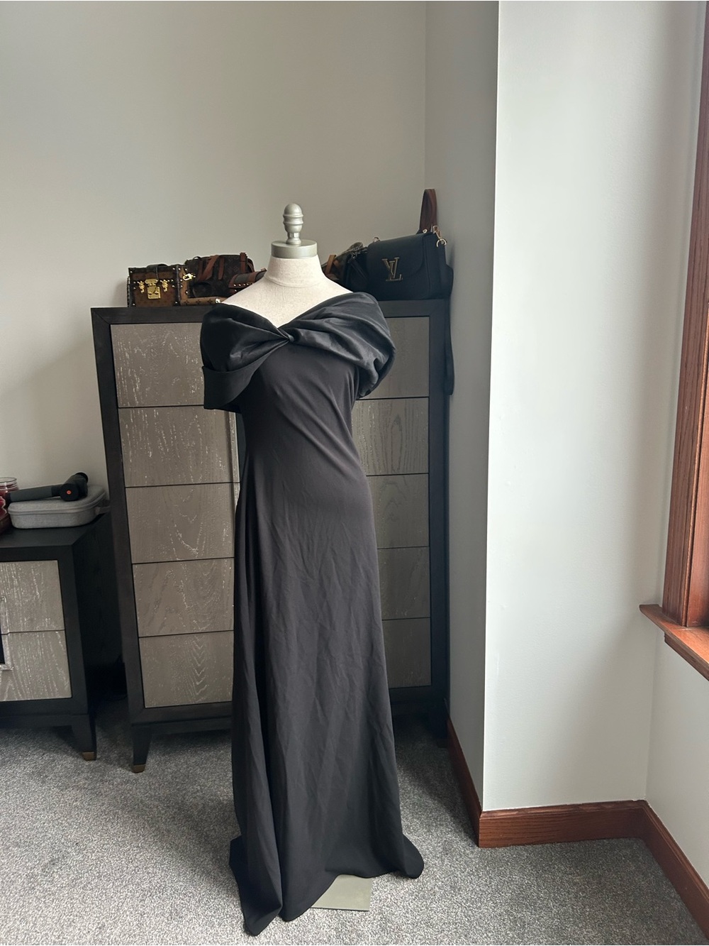 Betsy & Adam Black One-Shoulder Evening Gown